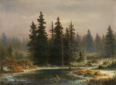 Landschaft Mit Tannen Und Einem Jager