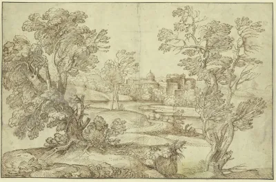 Landschaft Mit Wasser Baumgruppen Und Gebauden