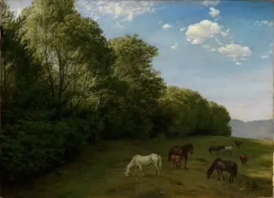 Landschaft Mit Weidenden Pferden