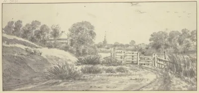 Landschaft Mit Zaun Hirte Mit Hund Links Zwei Ziegen