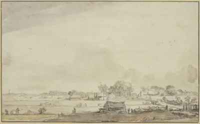 Landschaft Mit Zerstreuten Hutten Links Sind Leute Mit Der Ernte Beschaftigt