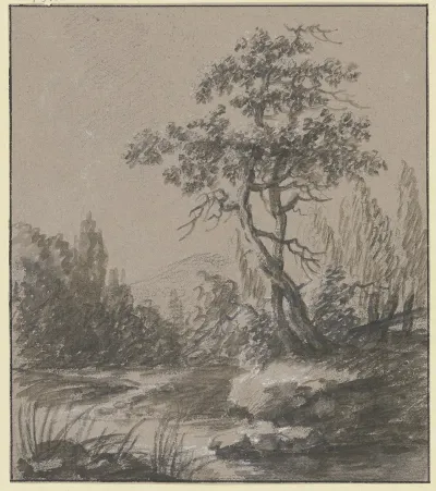 Landschaft Mit Zwei Baumen Am Wasser