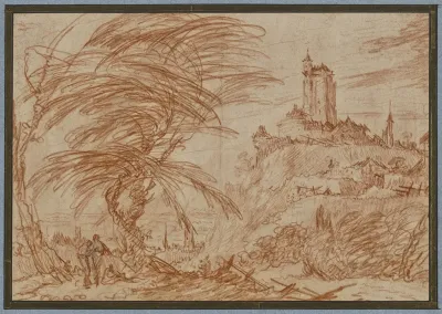 Landschaft Rechts Auf Einem Hugel Ein Groser Turm Links Eine Baumpartie Und Einige Figuren