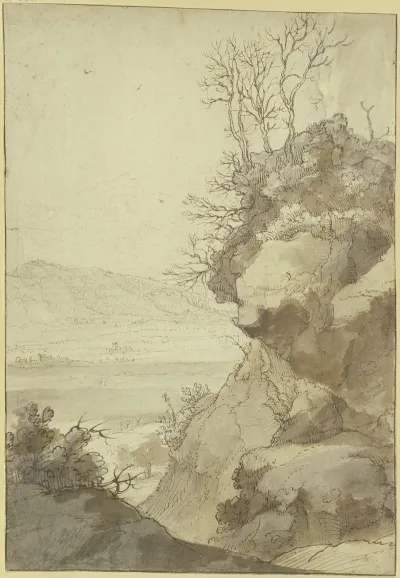 Landschaft Rechts Eine Grose Felspartie Mit Durren Baumen