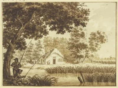 Landschaft Vorn Ein Wasser Links Zwei Angler