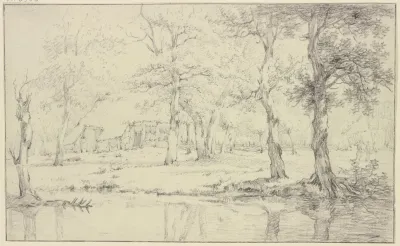 Landschaft Vorne Wasser Unter Vielen Baumen Ein Haus Mit Zaun