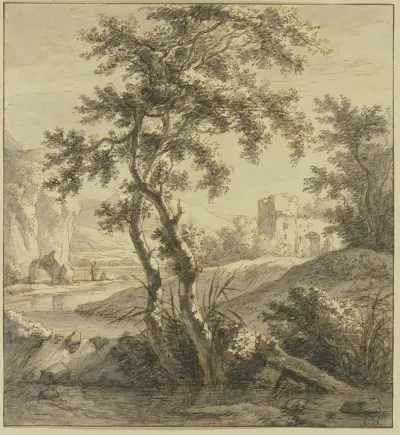 Landschaft Vorne Zwei Baume Rechts Eine Ruine Links Ein Wasser Und Felsen