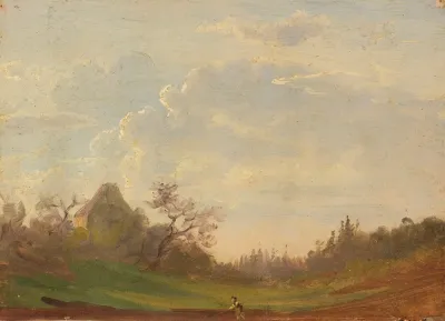 Landschaftsstudie Mit Pflugendem Bauern