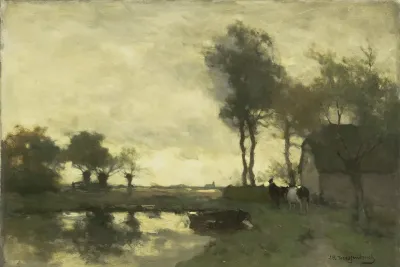Landschap Met Boerderij Bij Een Plas