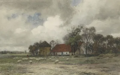 Landschap Met Boerderij En Herder Met Schapen