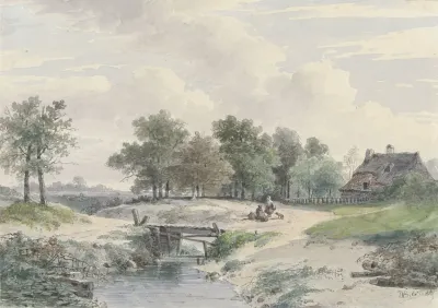 Landschap Met Bruggetje En Figuren Voor Een Boerderij
