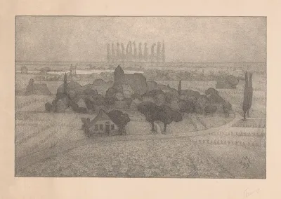 Landschap Met Dorp Bij Een Rivier Schemering