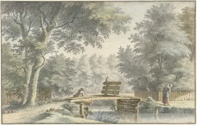 Landschap Met Een Brug Waarop Een Hengelaar