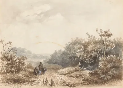 Landschap Met Een Familie Een Schaap En Een Hond