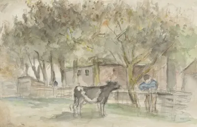 Landschap Met Een Koe En Een Boer