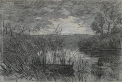 Landschap Met Een Roeiboot Tussen Het Riet Van Een Rivier