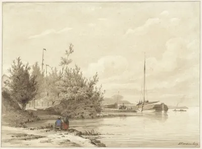 Landschap Met Gemeerde Boten Aan Een Rivieroever
