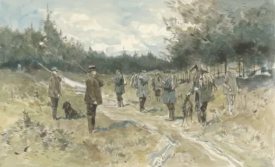 Landschap Met Groep Jagers Na De Jacht Op De Leusderhei