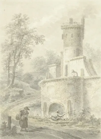 Landschap Met Hengelaar En Wandelende Vrouw Bij Een Vestingtoren