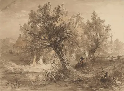 Landschap Met Hengelaar Onder Wilgen