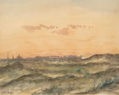 Landschap Met In De Verte Het Silhouet Van Een Stad