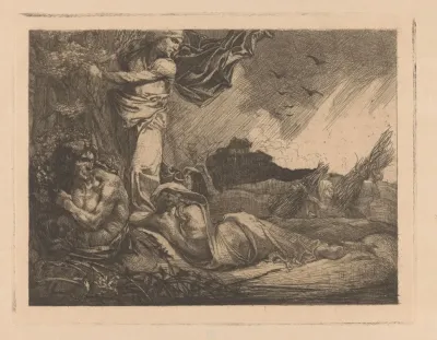 Landschap Met Korenveld Maaiers Sater En Vrouwenfiguren