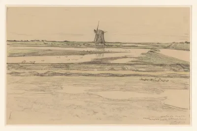 Landschap Met Poldermolen Het Noorden In Polder Het Noorden Op Texel