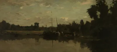 Landschap Met Schepen Op Een Rivier In De Avond