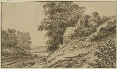Landstrase Durch Den Wald Rechts Unter Hohen Baumen Auf Einem Abhang Eine Hutte