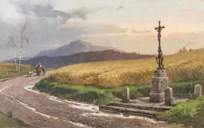 Landstrase Mit Kornfeld Und Wegkreuz