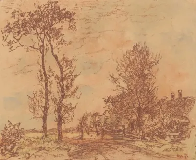 Landweg Met Bomen Rechts Een Boerderij