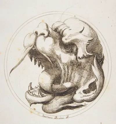 Large Grotesque Head With An Open Mouth Looking To The Left Within A Frame