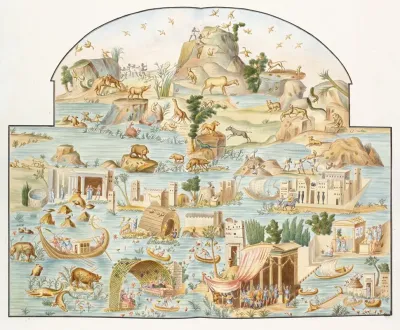 Large River Scene Of Various Animals And People On Islands At Various Activities