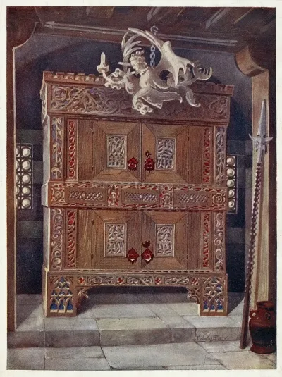 Late Gothic Schrank In The Bavarian Museum Munich With Hanging Light Leuchterweibschen From Albert Durers House At Nuremburg