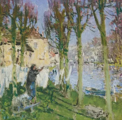 Lavandiere Etendant Son Linge