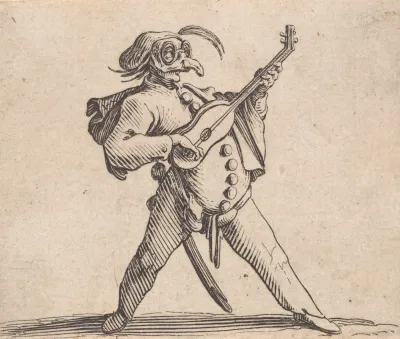 Le Comedien Masque Avec Lunettes Et Jouant De La Guitare