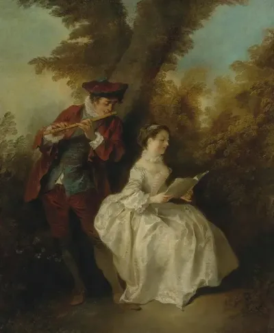 Le Duo A Young Man Playing The Flute And A Young Woman Singing In A Landscape