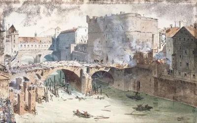 Le Petit Pont Et Le Petit Chatelet Apres Lincendie Du 27 Avril 1718 Actuellement Rue Du Petit Pont Quai Montebello