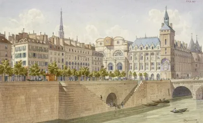Le Quai De La Cite Et La Tour De Lhorloge En 1855 La Fleche De La Sainte Chapelle Reconstruite