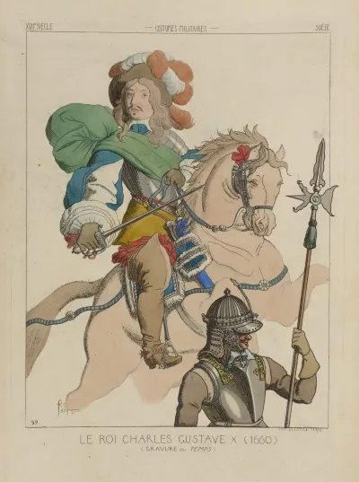 Le Roi Charles Gustave X 1600 Gravure Du Temps Xviie Siecle Costumes Militaires Suede