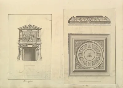 Leaf From Aedes Walpolianae Mounted With Two Drawings A Hall Chimney Piece Houghton Hall Norfolk B Hall Ceiling Houghton Hall Norfolk