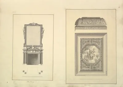 Leaf From Aedes Walpolianae Mounted With Two Drawings A Salon Chimney Houghton Hall Norfolk Elevation B Salon Ceiling Houghton Hall Norfolk