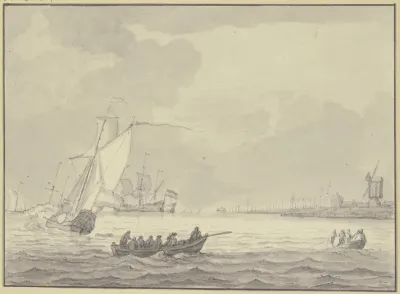 Leicht Bewegte See Rechts Ufer Mit Hafen Und Windmuhle Ruderboote Und Kanone