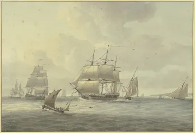 Leicht Bewegte See Unter Vielen Schiffen Ein Dreimaster Mit Vollen Segeln Nach Links Vorne Ein Segelboot