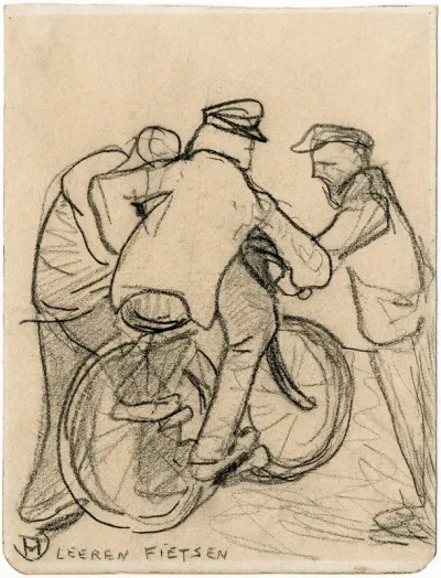 Leren Fietsen Twee Figuren Helpen Een Derde Op De Fiets