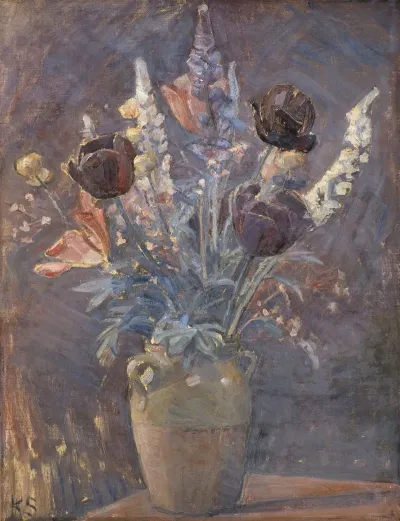 Lervase Med Tulipaner Og Andre Blomster
