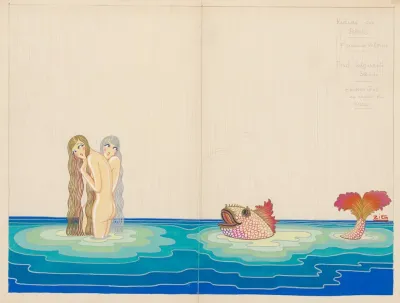 Les Bains Maquette De Decor Rideaux Deux Baigneuses A Gauche Gros Poisson A Droite
