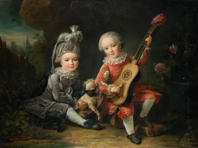 Les Portraits De Mm De Bethune Jouant Avec Un Chien Portraits Of Marquis Bethunes Children Playing With A Dog
