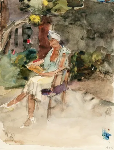 Lezende Vrouw Op Een Stoel In Een Tuin