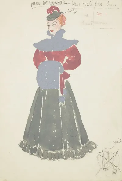 Life And Death Of An American Miss De Beeker Pink Blouse Green Frilled Skirt Grey Cape And Muff Grey And Pink Feathered Hat